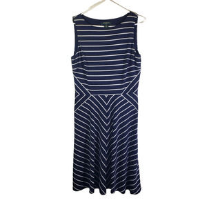 LAUREN BY RALPH LAUREN Navy, White Stripe Fit & Flare, Sleeveless Dress GUC